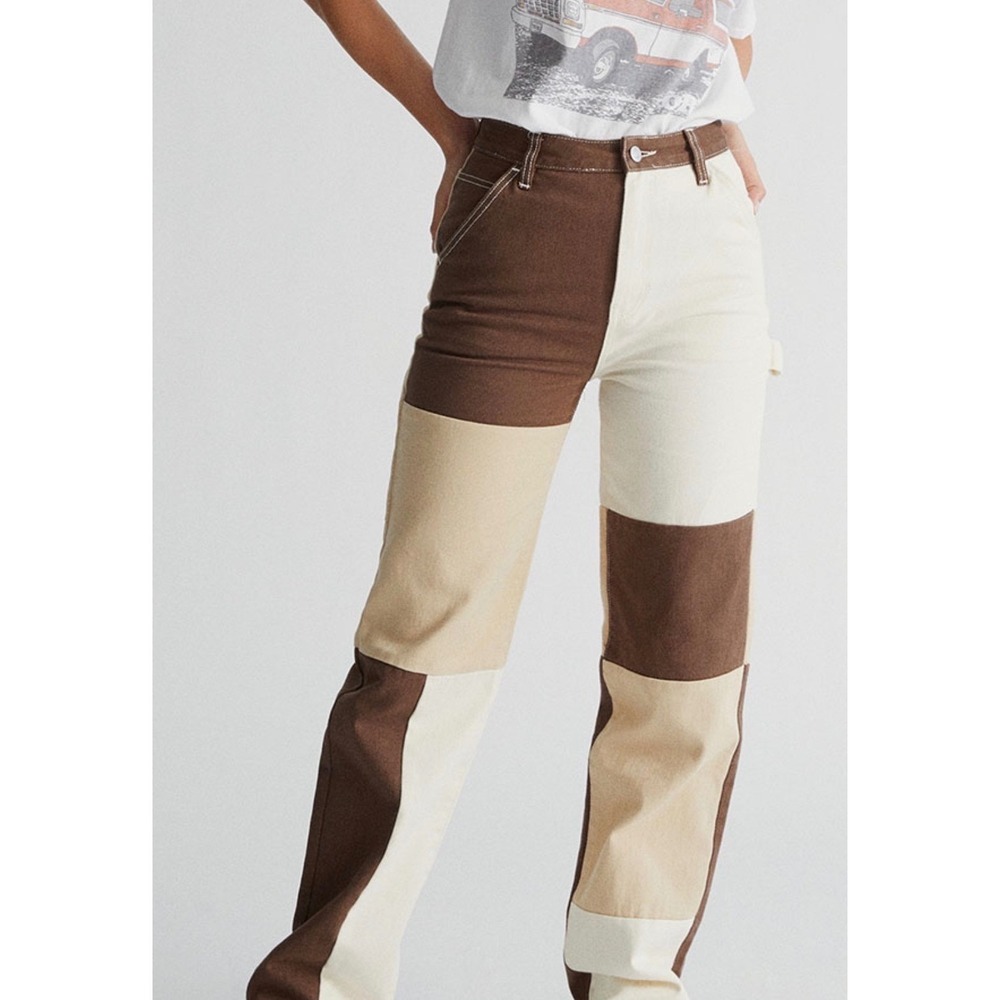 PacSun 90s BF Carpenter Patchwork Pants Brown Tan Cream Size 25 High Rise